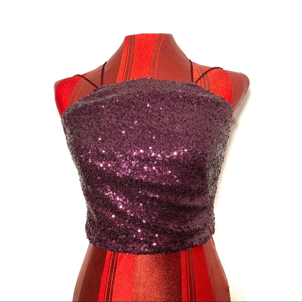 Purple Sequin Crop Top Size 2 XS Spaghetti Strap Y2K Party Clubwear